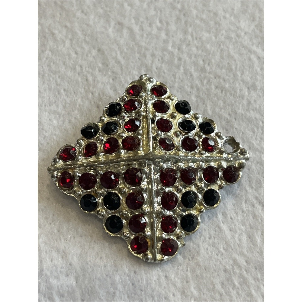 Silver Tone Ruby Red & Jet Black Crystals Square Domed Brooch Safety Clasp 1.75"